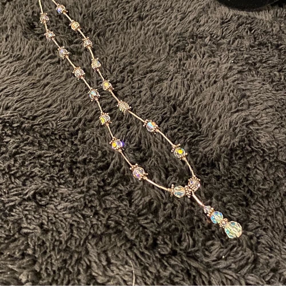 Liquid Sterling Silver and Aurora Borealis Beaded Y necklace 18 inches - Picture 5 of 9